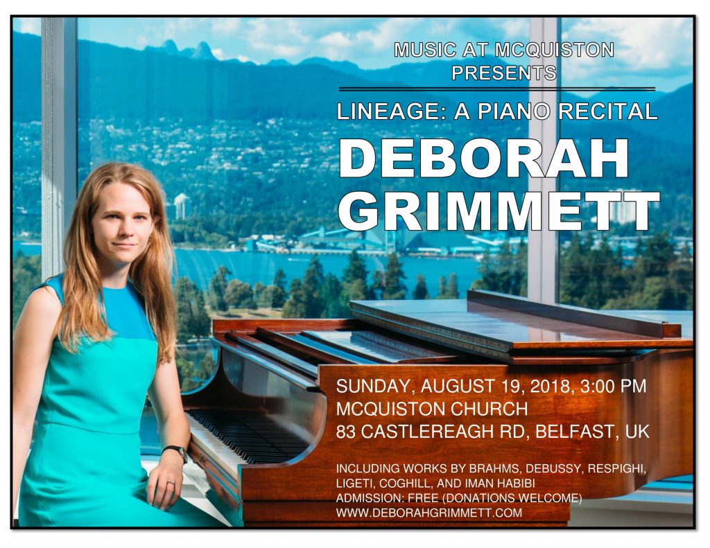 Music at McQuiston presents Deborah Grimmett solo piano recital August 19 2018